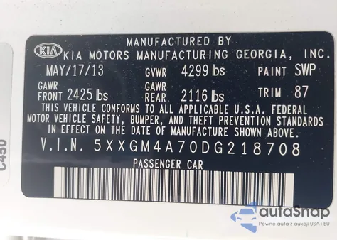 2013 Kia Optima Lx from USA, damaged, VIN 5XXGM4A70DG218708